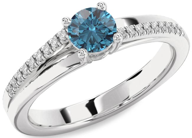 Blue Diamond Silver Round Solitaire Engagement Ring