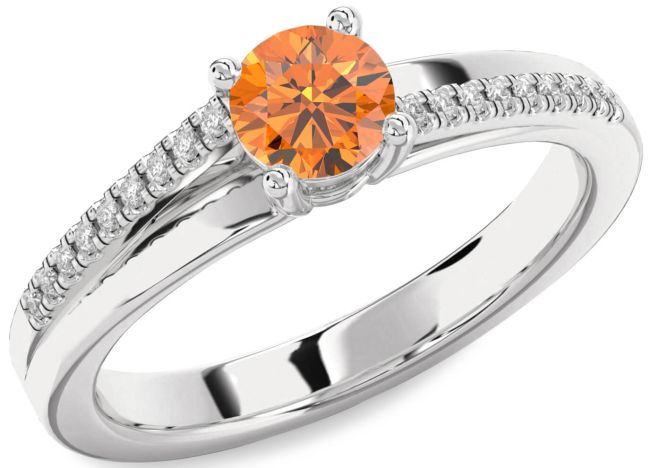 Diamond Citrine Silver Round Solitaire Engagement Ring