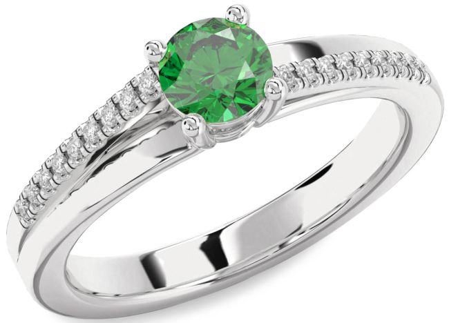 Diamond Emerald Silver Round Solitaire Engagement Ring