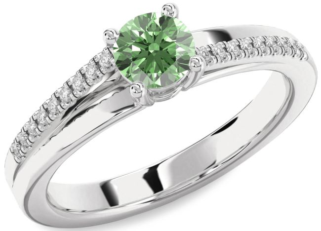 Green Diamond Silver Round Solitaire Engagement Ring
