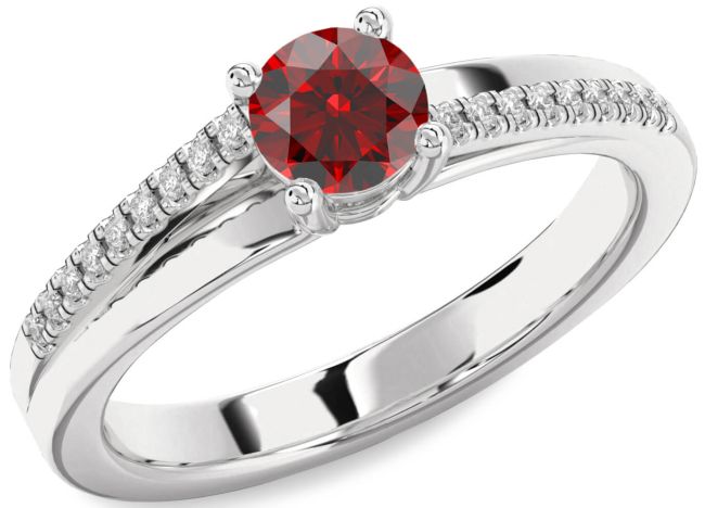 Diamond Garnet Silver Round Solitaire Engagement Ring