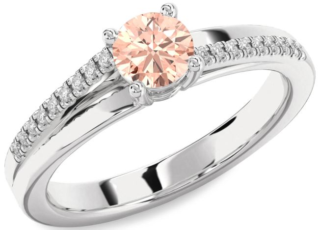 Diamond Morganite Silver Round Solitaire Engagement Ring