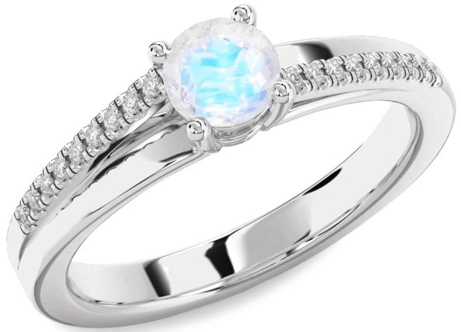 Diamond Moonstone Silver Round Solitaire Engagement Ring