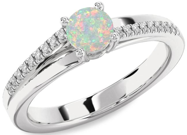 Diamond Opal Silver Round Solitaire Engagement Ring