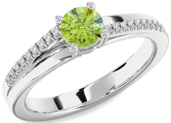 Diamond Peridot Silver Round Solitaire Engagement Ring