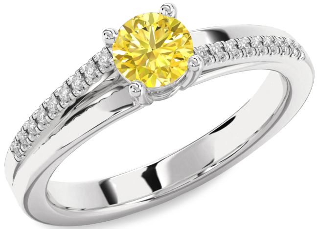 Yellow Diamond Silver Round Solitaire Engagement Ring