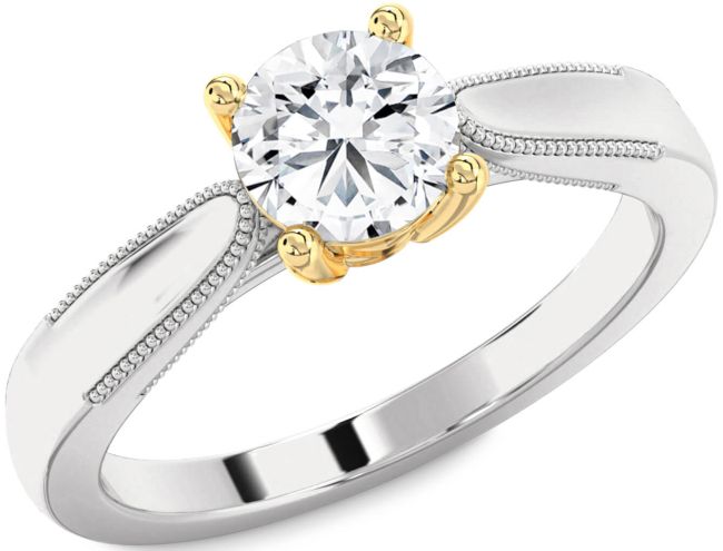Diamond Silver & 10K gold Round Vintage Engagement Ring