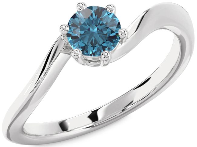 Blue Diamond Silver Round Solitaire Engagement Ring