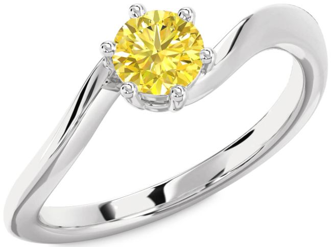 Yellow Diamond Silver Round Solitaire Engagement Ring