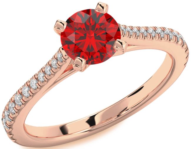 Diamond Ruby Rose Gold Silver Round Solitaire Pave Engagement Ring
