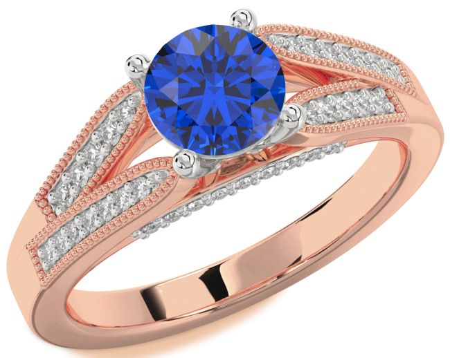 Diamond Blue Sapphire Platinum & Rose Gold Round Vintage Engagement Ring
