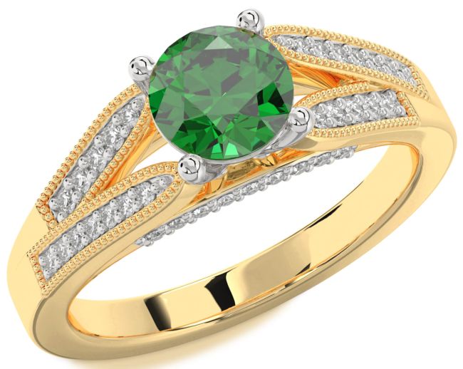 Diamond Emerald White Yellow Gold Round Vintage Engagement Ring