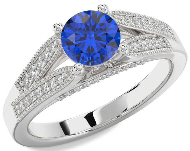 Diamond Blue Sapphire White Gold Round Vintage Engagement Ring