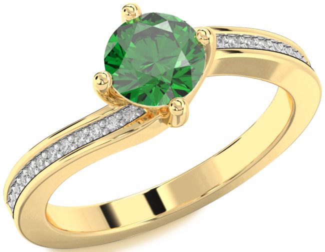 Diamond Emerald Gold Round Solitaire Pave Engagement Ring