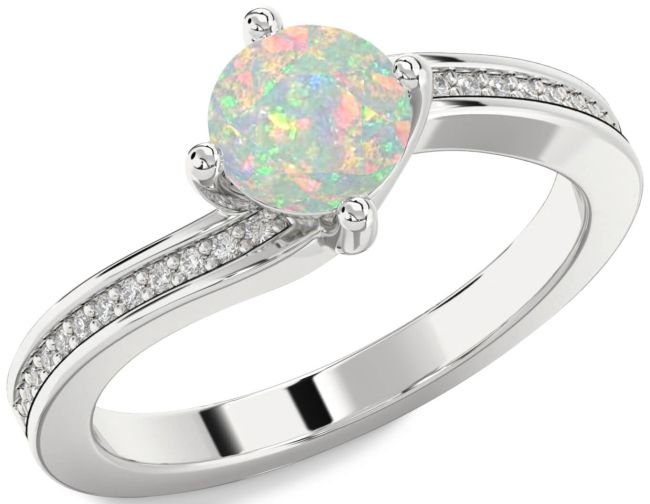 Diamond Opal Silver Round Solitaire Pave Engagement Ring