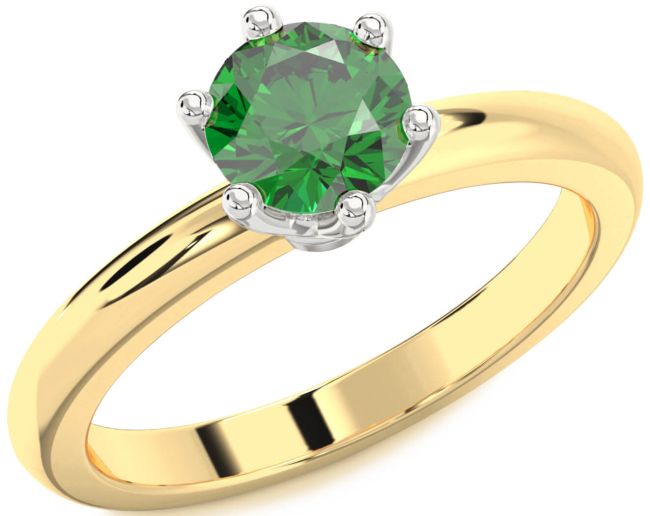 Emerald Gold Silver Round Solitaire Engagement Ring