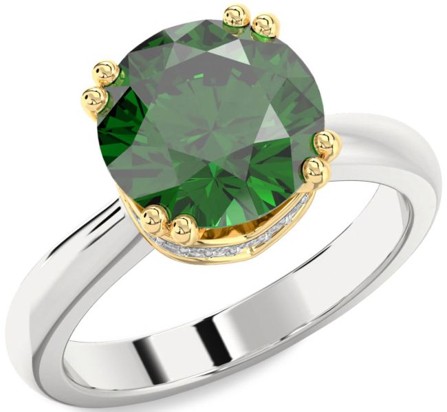 Diamond Emerald Silver & 10K gold Halo Round Solitaire Engagement Ring
