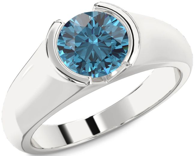 Blue Diamond Silver Round Solitaire Engagement Ring