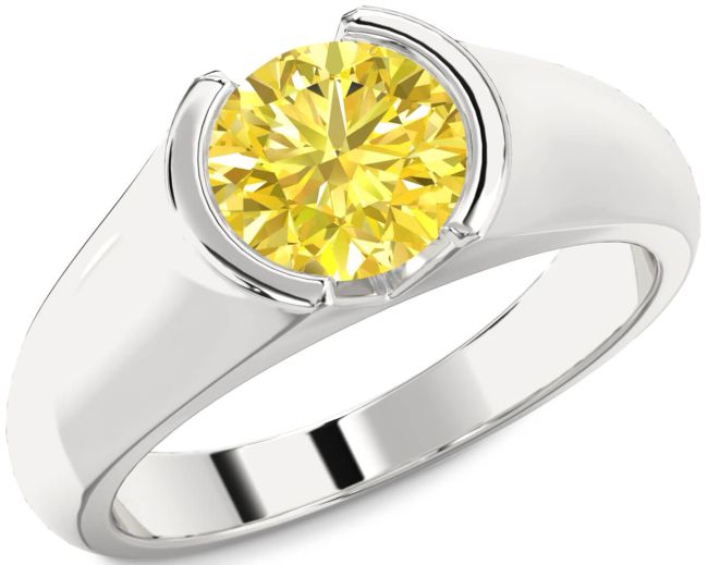 Yellow Diamond Silver Round Solitaire Engagement Ring