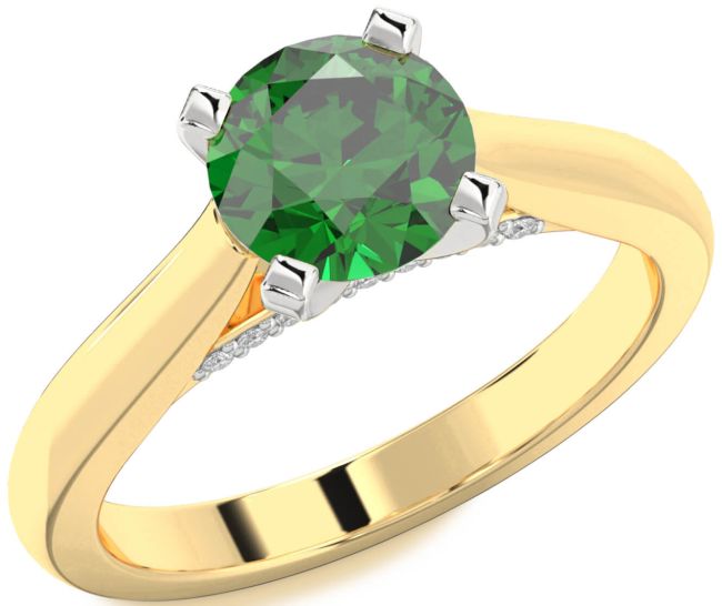 Diamond Emerald Platinum & Yellow Gold Round Solitaire Engagement Ring