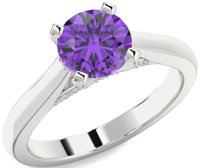 Diamond Amethyst Silver Round Solitaire Engagement Ring