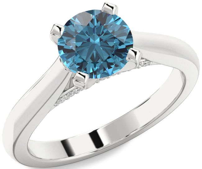 Blue Diamond Silver Round Solitaire Engagement Ring