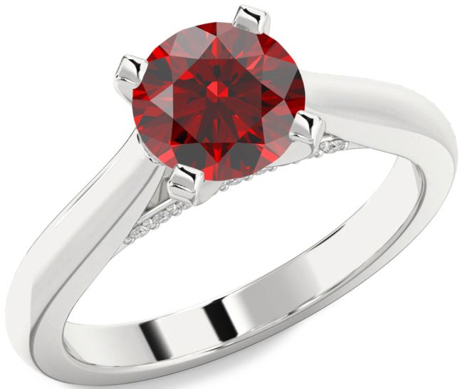 Diamond Garnet Silver Round Solitaire Engagement Ring