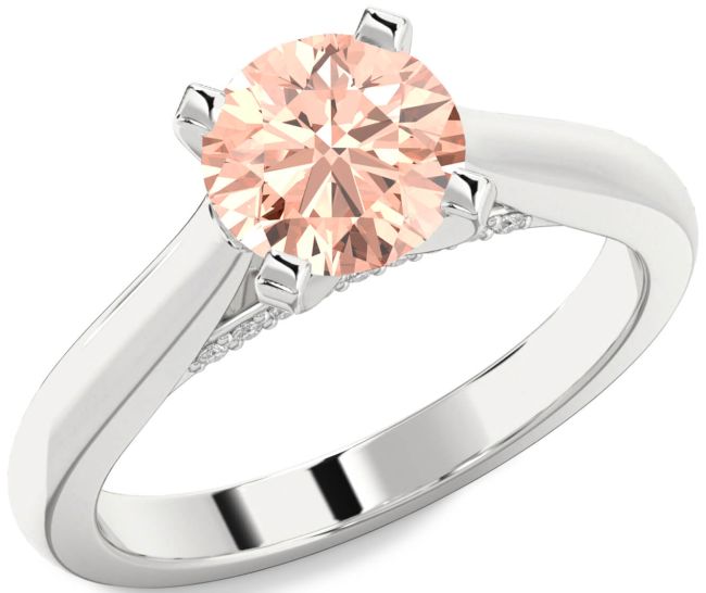 Diamond Morganite Silver Round Solitaire Engagement Ring