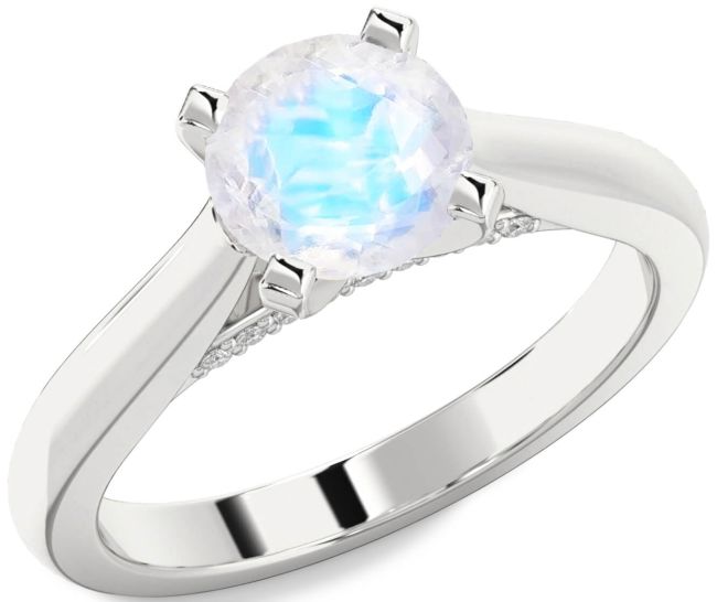 Diamond Moonstone Silver Round Solitaire Engagement Ring