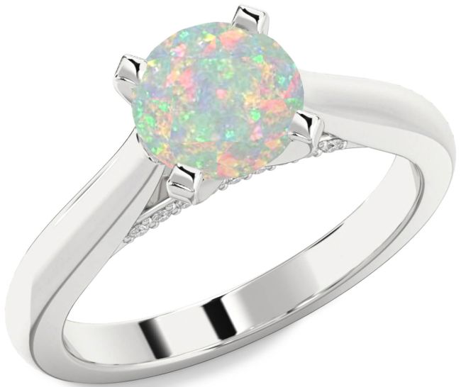 Diamond Opal Silver Round Solitaire Engagement Ring