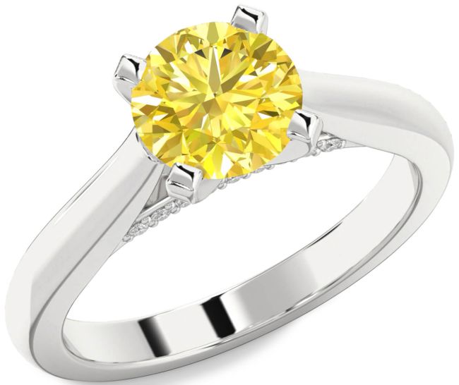 Yellow Diamond Silver Round Solitaire Engagement Ring