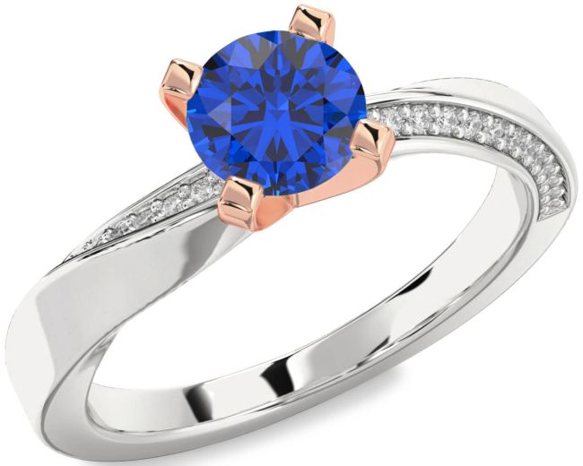 Diamond Blue Sapphire White Rose Gold Round Solitaire Engagement Ring