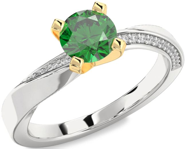 Diamond Emerald Platinum & Yellow Gold Round Solitaire Engagement Ring