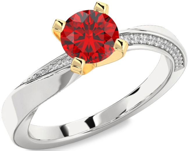 Diamond Ruby Silver & 10K gold Round Solitaire Engagement Ring