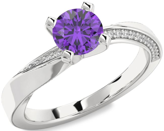 Diamond Amethyst Silver Round Solitaire Engagement Ring