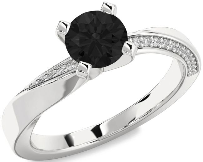 Black Diamond Silver Round Solitaire Engagement Ring
