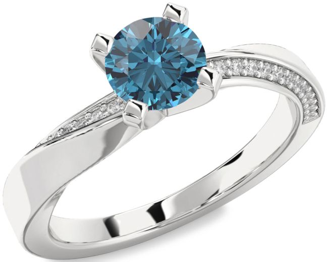 Blue Diamond Silver Round Solitaire Engagement Ring