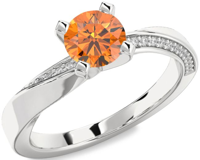 Diamond Citrine Silver Round Solitaire Engagement Ring
