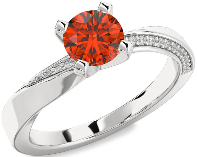 Diamond Fire Opal Silver Round Solitaire Engagement Ring