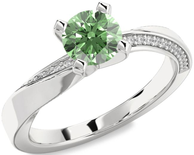 Green Diamond Silver Round Solitaire Engagement Ring
