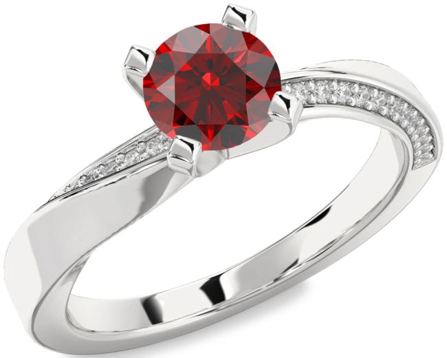 Diamond Garnet Silver Round Solitaire Engagement Ring