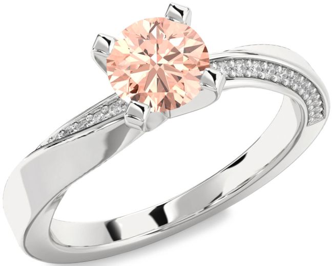 Diamond Morganite Silver Round Solitaire Engagement Ring