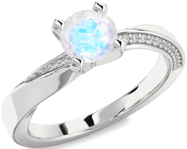 Diamond Moonstone Silver Round Solitaire Engagement Ring