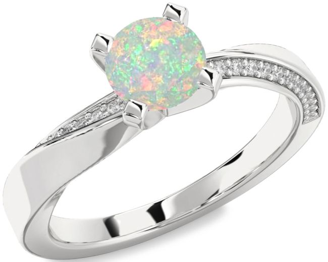 Diamond Opal Silver Round Solitaire Engagement Ring