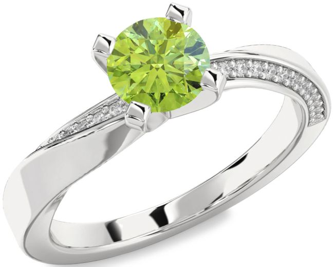 Diamond Peridot Silver Round Solitaire Engagement Ring