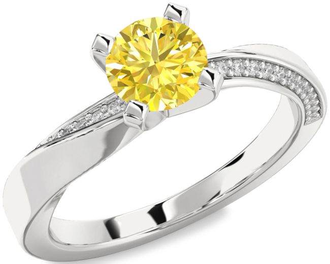 Yellow Diamond Silver Round Solitaire Engagement Ring