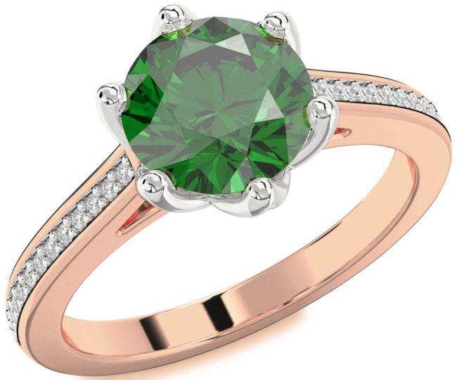 Diamond Emerald Rose Gold Silver Round Solitaire Pave Engagement Ring