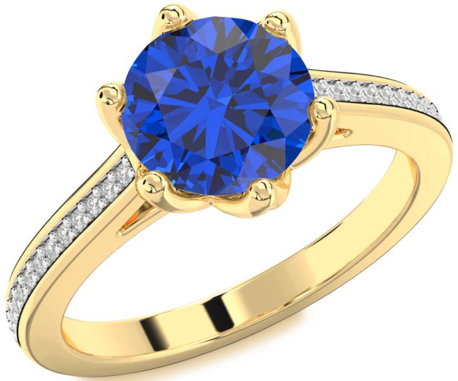 Diamond Blue Sapphire Gold Round Solitaire Pave Engagement Ring