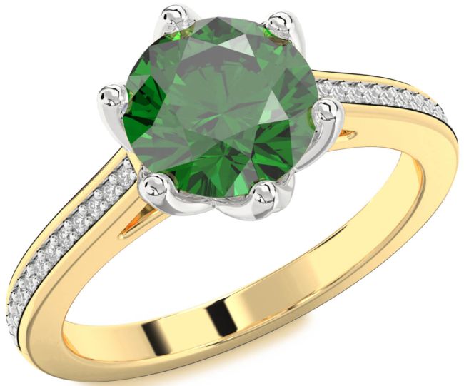Diamond Emerald Platinum & Yellow Gold Round Solitaire Pave Engagement Ring