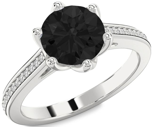 Black Diamond Silver Round Solitaire Pave Engagement Ring